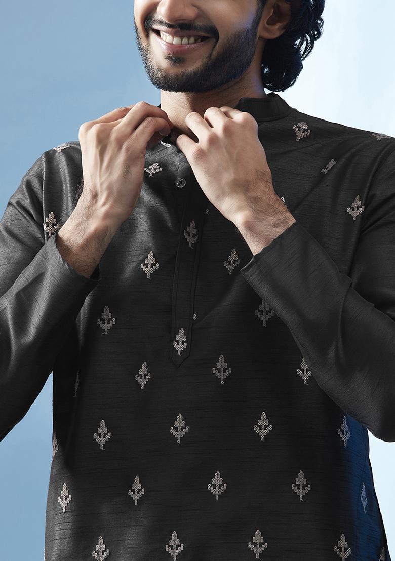 Black Embroidered Silk Blend Kurta - Indya
