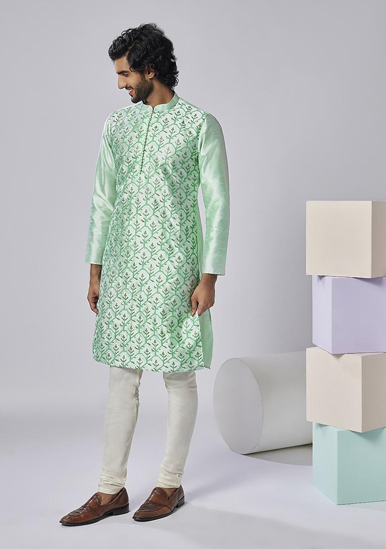 Aqua Green Embroidered Silk Blend Kurta - Indya