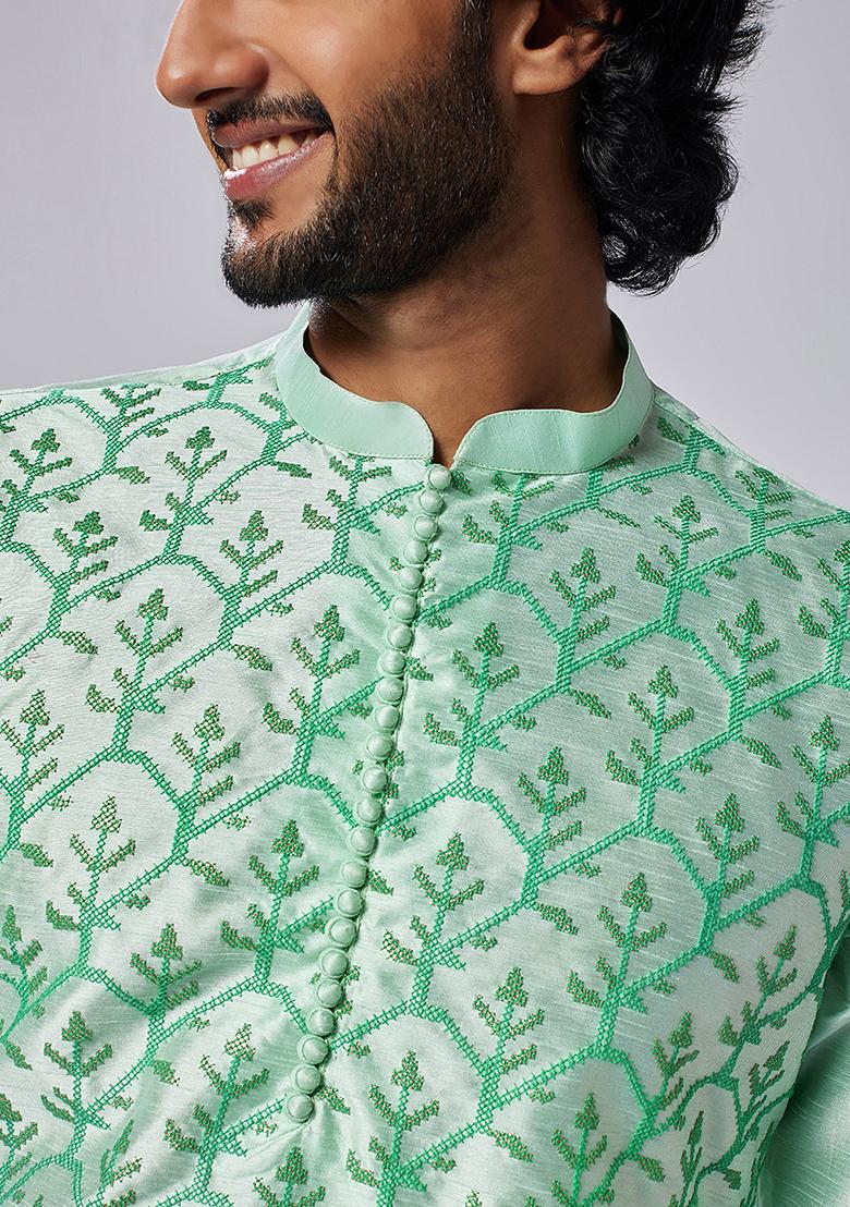 Aqua Green Embroidered Silk Blend Kurta - Indya