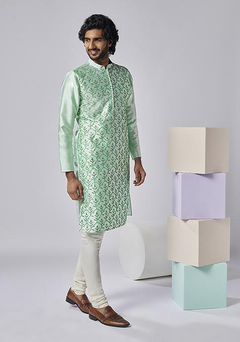 Aqua Green Embroidered Silk Blend Kurta