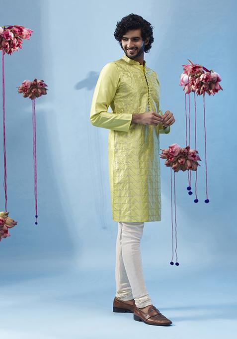 Pista Green Embroidered Silk Blend Kurta