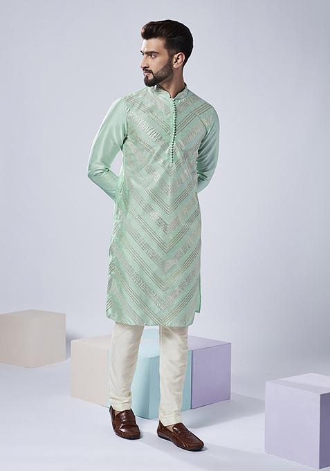 Aqua Green Embroidered Silk Blend Kurta