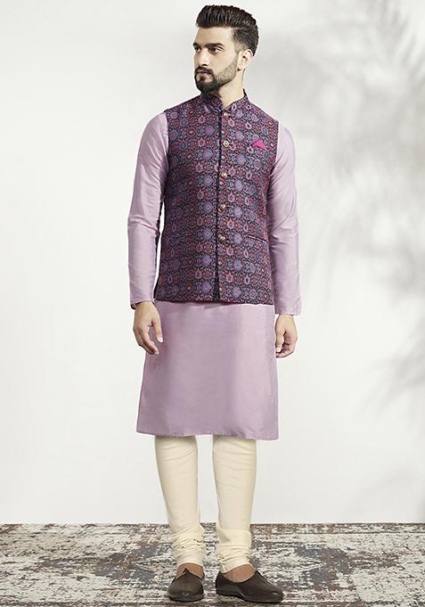 Multicolour Jacquard Silk Blend Kurta Jacket Set