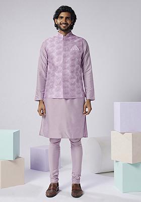 Lilac Embroidered Silk Blend Kurta Jacket Set