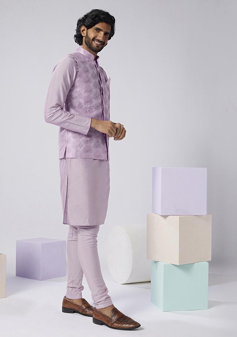 Lilac Embroidered Silk Blend Kurta Jacket Set