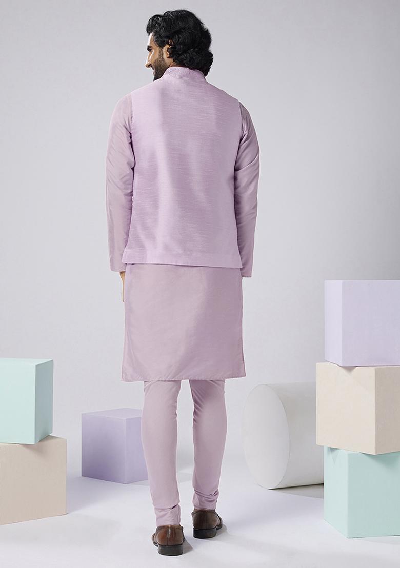 Lilac Embroidered Silk Blend Kurta Jacket Set