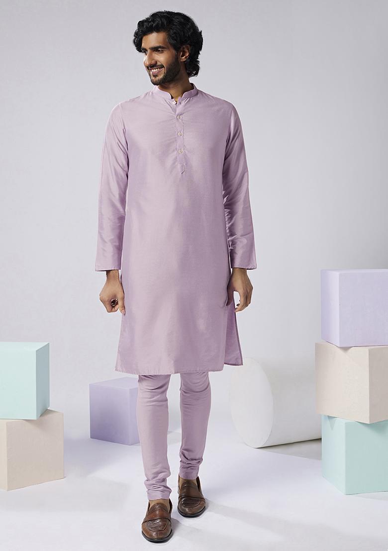 Lilac Embroidered Silk Blend Kurta Jacket Set