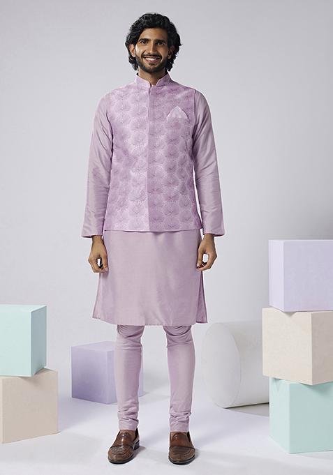 Lilac Embroidered Silk Blend Kurta Jacket Set