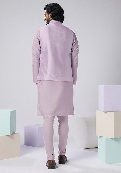 Lilac Embroidered Silk Blend Kurta Jacket Set