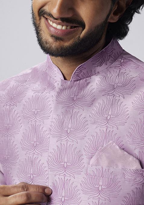 Lilac Embroidered Silk Blend Kurta Jacket Set