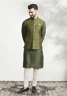 Olive green Woven Jacquard Silk Blend Jacquard Kurta Jacket Set