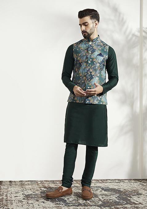Blue Jacquard Silk Blend Kurta Jacket Set