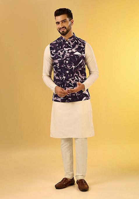Wine Digital Print Cotton Blend Mid Kurta Jacket Set