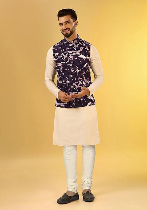 Wine Digital Print Cotton Blend Mid Kurta Jacket Set