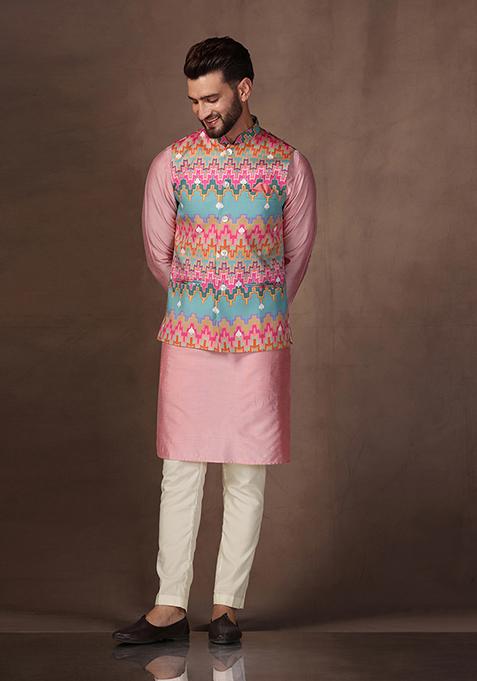Multicolour Printed Cotton Blend Kurta Jacket Set