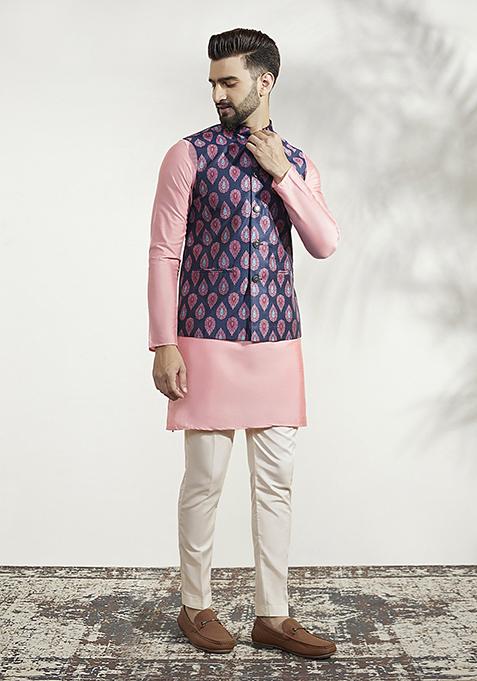 Blue Jacquard Silk Blend Kurta Jacket Set