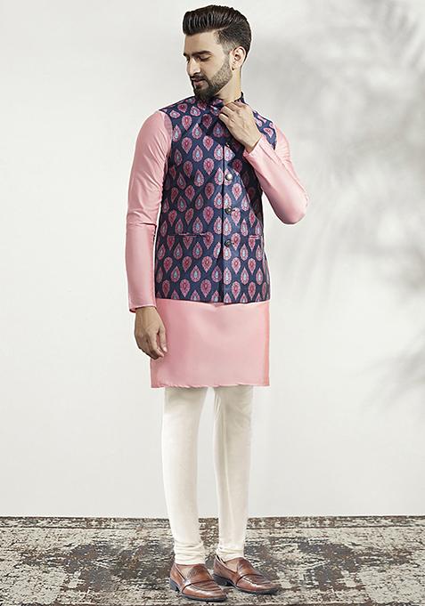 Blue Jacquard Silk Blend Kurta Jacket Set