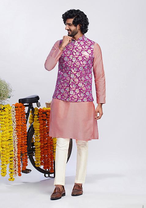 Hot Pink Foil Print Cotton Blend Kurta Jacket Set