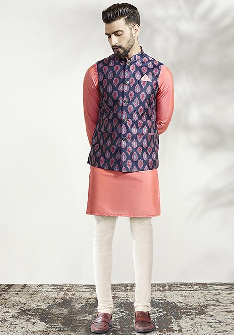 Blue Jacquard Silk Blend Kurta Jacket Set