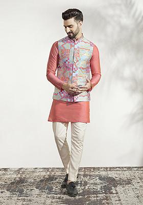 Multicolour Jacquard Silk Blend Kurta Jacket Set