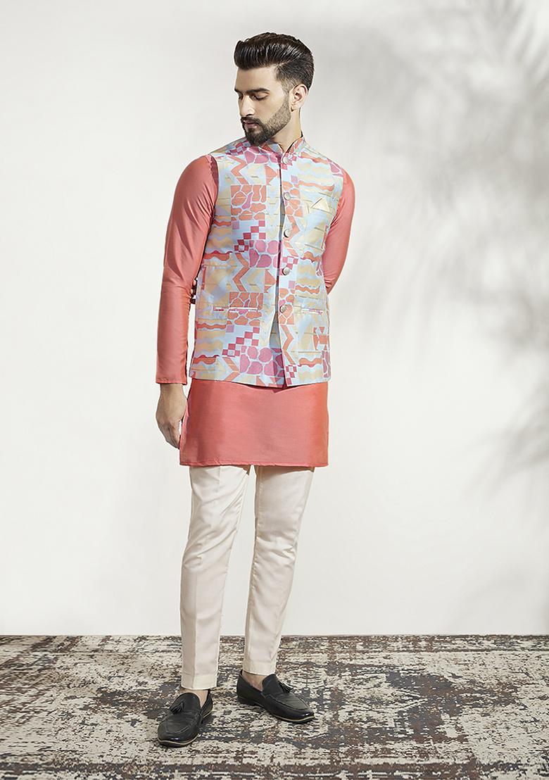 Multicolour Jacquard Silk Blend Kurta Jacket Set