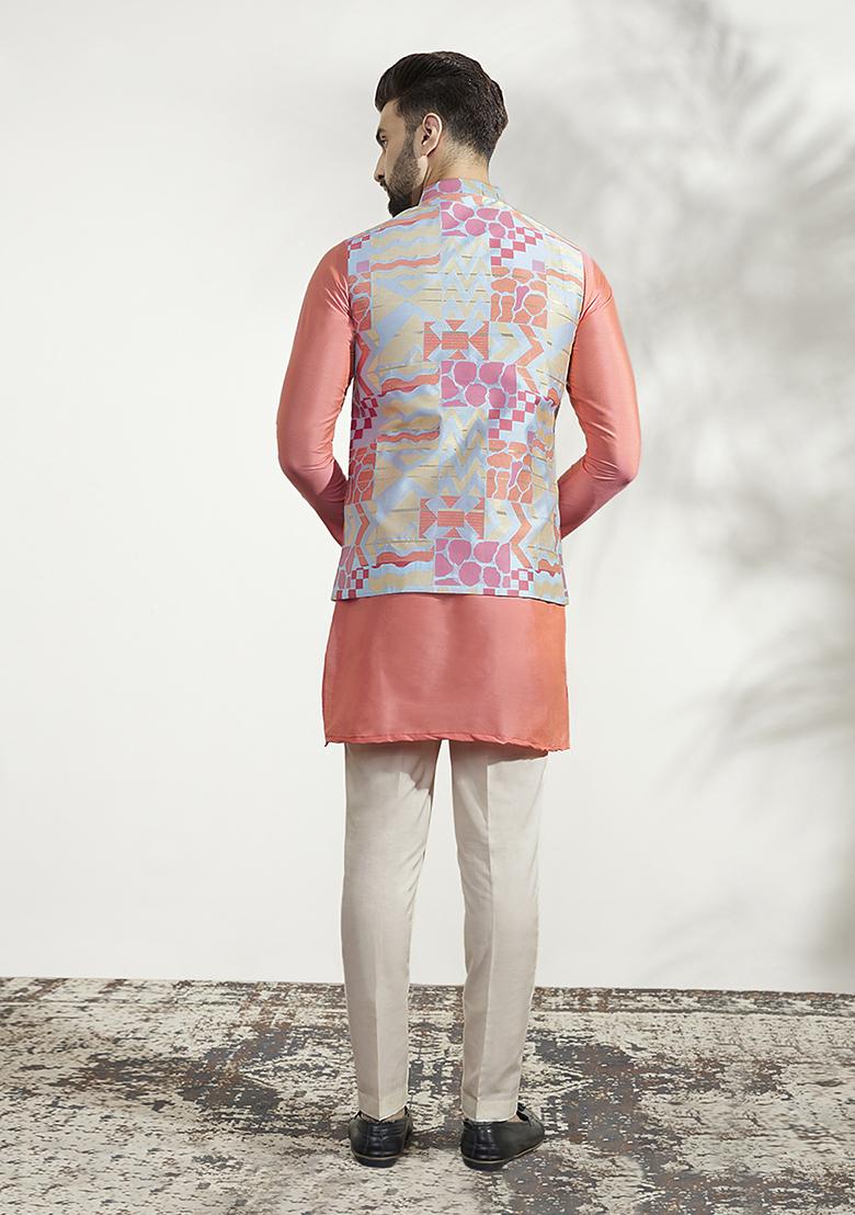 Multicolour Jacquard Silk Blend Kurta Jacket Set
