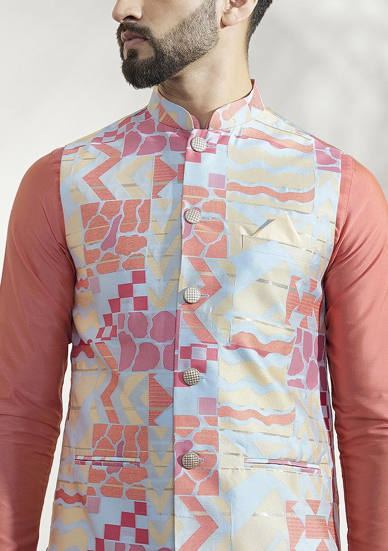 Multicolour Jacquard Silk Blend Kurta Jacket Set