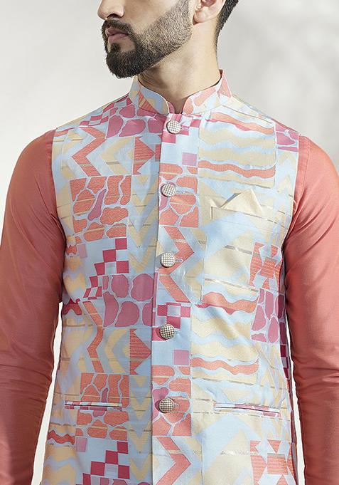 Multicolour Jacquard Silk Blend Kurta Jacket Set