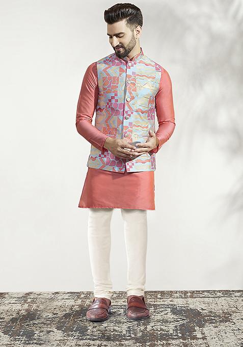 Multicolour Jacquard Silk Blend Kurta Jacket Set