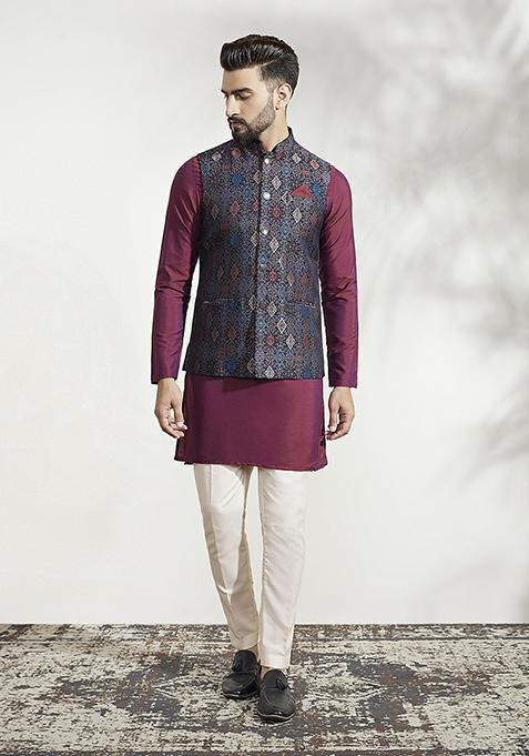 Multicolour Jacquard Silk Blend Mid Kurta Jacket Set