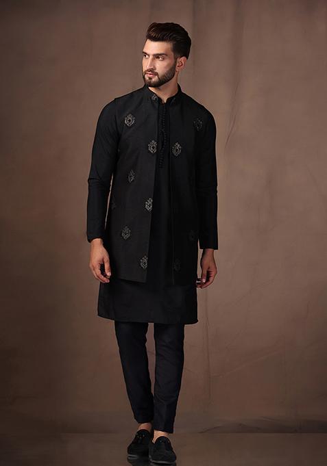 Black Jacquard Silk Blend Mid Kurta Jacket Set