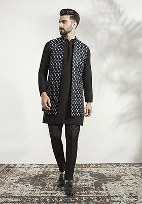 Black Woven Jacquard Silk Blend Jacquard Mid Kurta Jacket Set