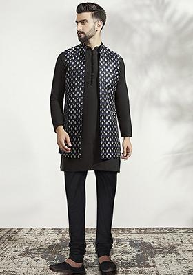 Black Jacquard Silk Blend Mid Kurta Jacket Set