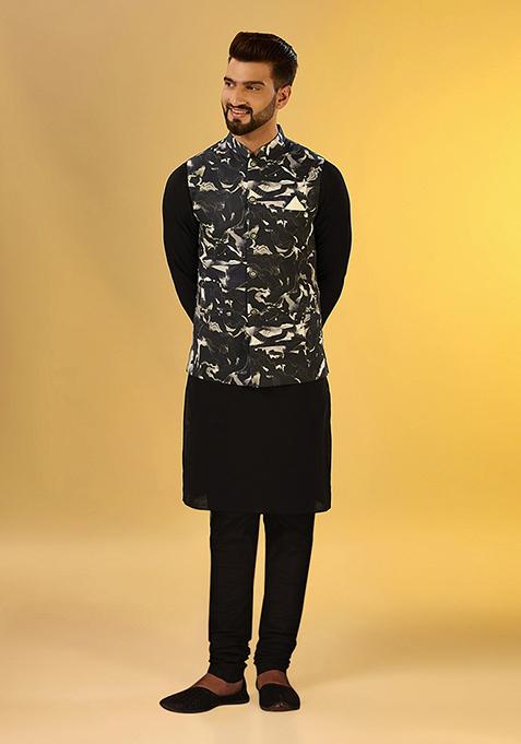 Black Digital Print Cotton Blend Mid Kurta Jacket Set