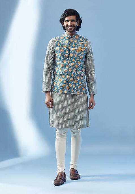 Blue Printed Cotton Blend Kurta Jacket Set