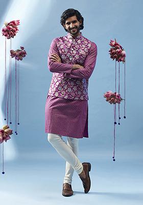 Hot Pink Printed Cotton Blend Kurta Jacket Set