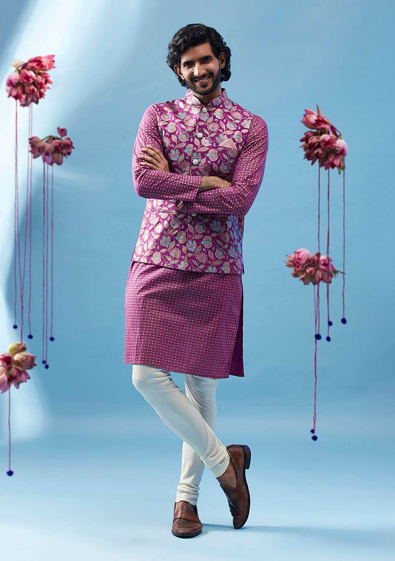 Hot Pink Printed Cotton Blend Kurta Jacket Set - Indya
