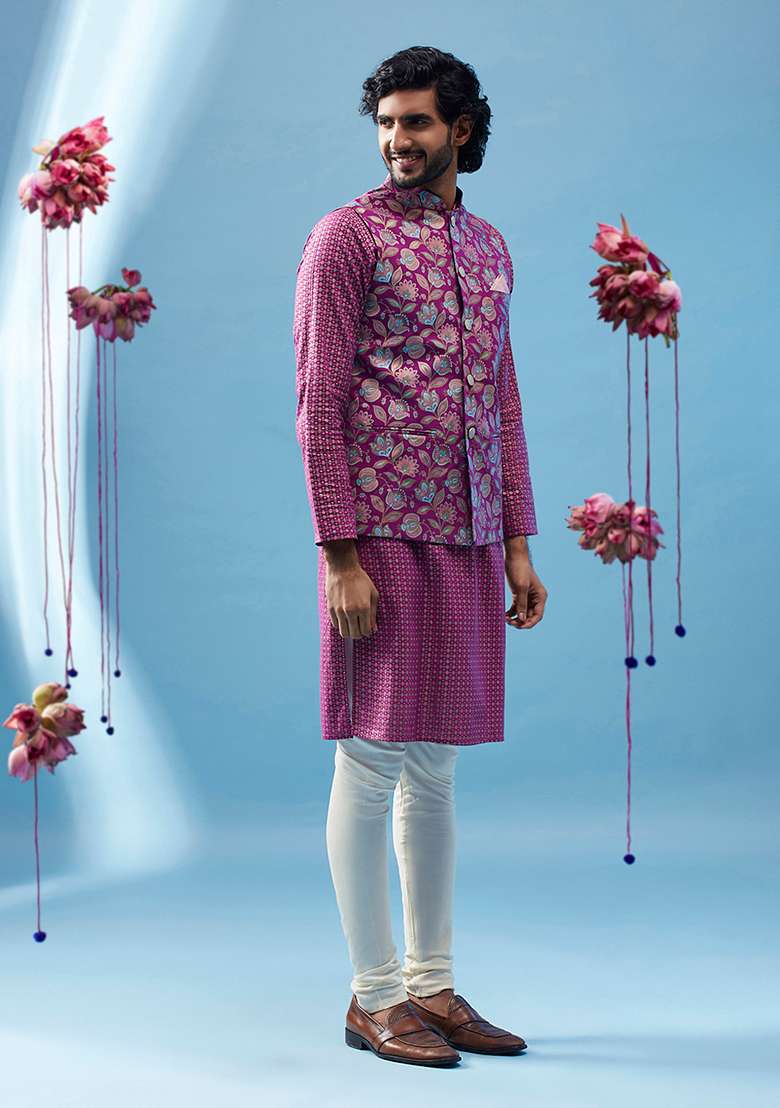Hot Pink Printed Cotton Blend Kurta Jacket Set - Indya