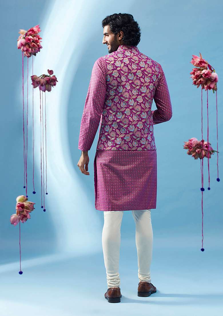 Hot Pink Printed Cotton Blend Kurta Jacket Set - Indya