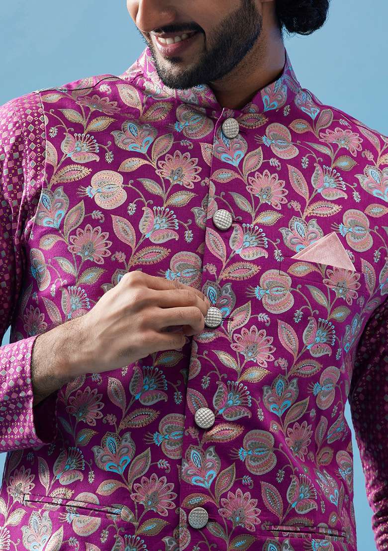 Hot Pink Printed Cotton Blend Kurta Jacket Set - Indya