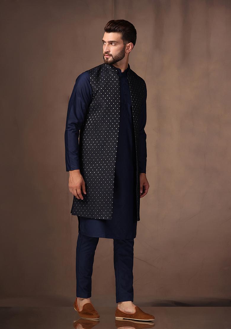 Navy Blue Jacquard Silk Blend Kurta Jacket Set