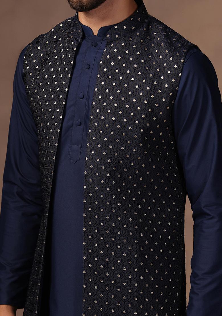 Navy Blue Jacquard Silk Blend Kurta Jacket Set