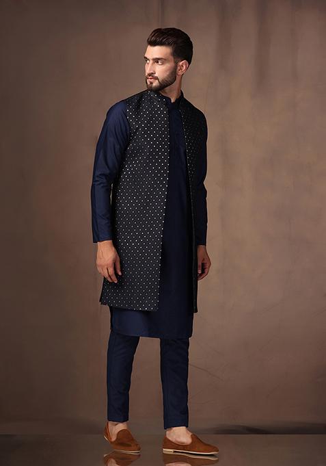 Navy Blue Jacquard Silk Blend Kurta Jacket Set
