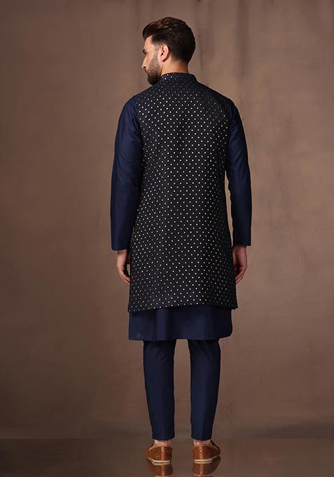 Navy Blue Jacquard Silk Blend Kurta Jacket Set
