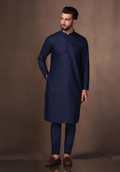 Navy Blue Jacquard Silk Blend Kurta Jacket Set