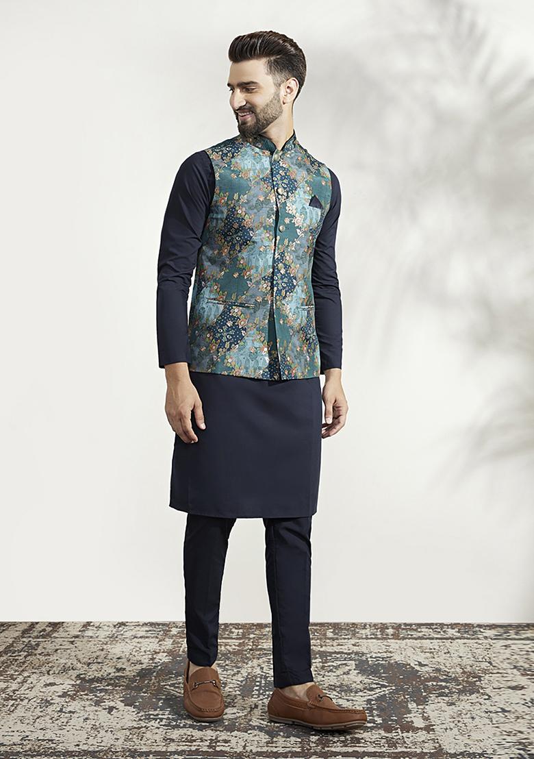 Blue Printed Silk Blend Kurta Jacket Set - Indya