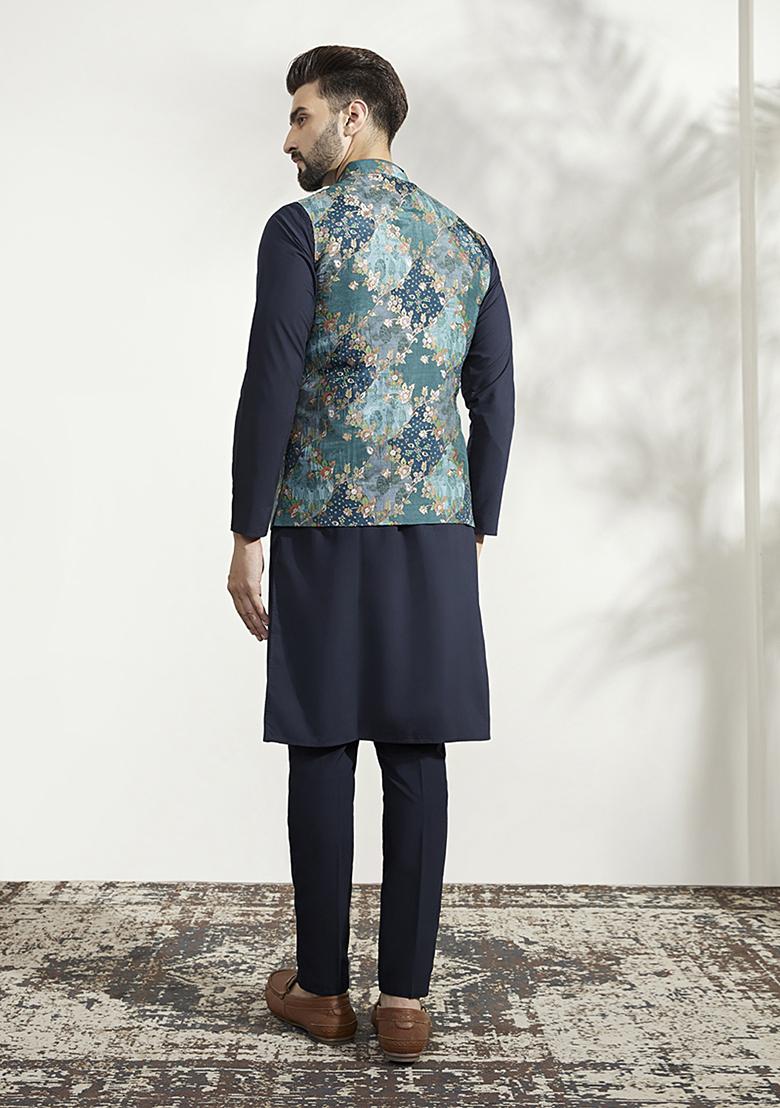Blue Printed Silk Blend Kurta Jacket Set