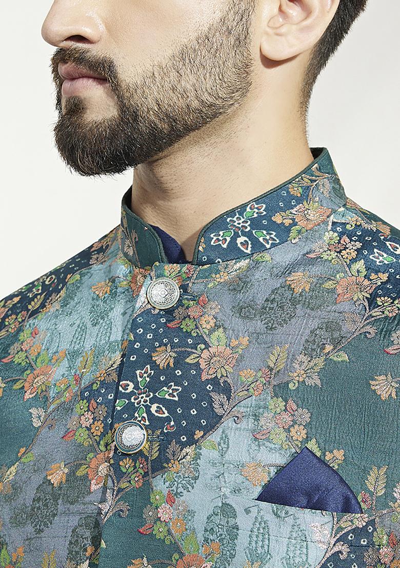 Blue Printed Silk Blend Kurta Jacket Set