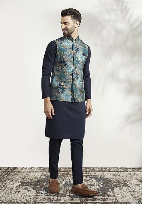 Blue Printed Silk Blend Kurta Jacket Set