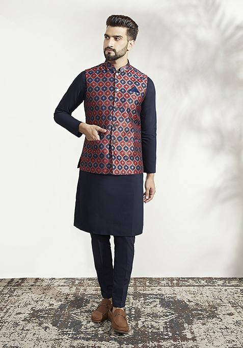 Red Jacquard Silk Blend Kurta Jacket Set